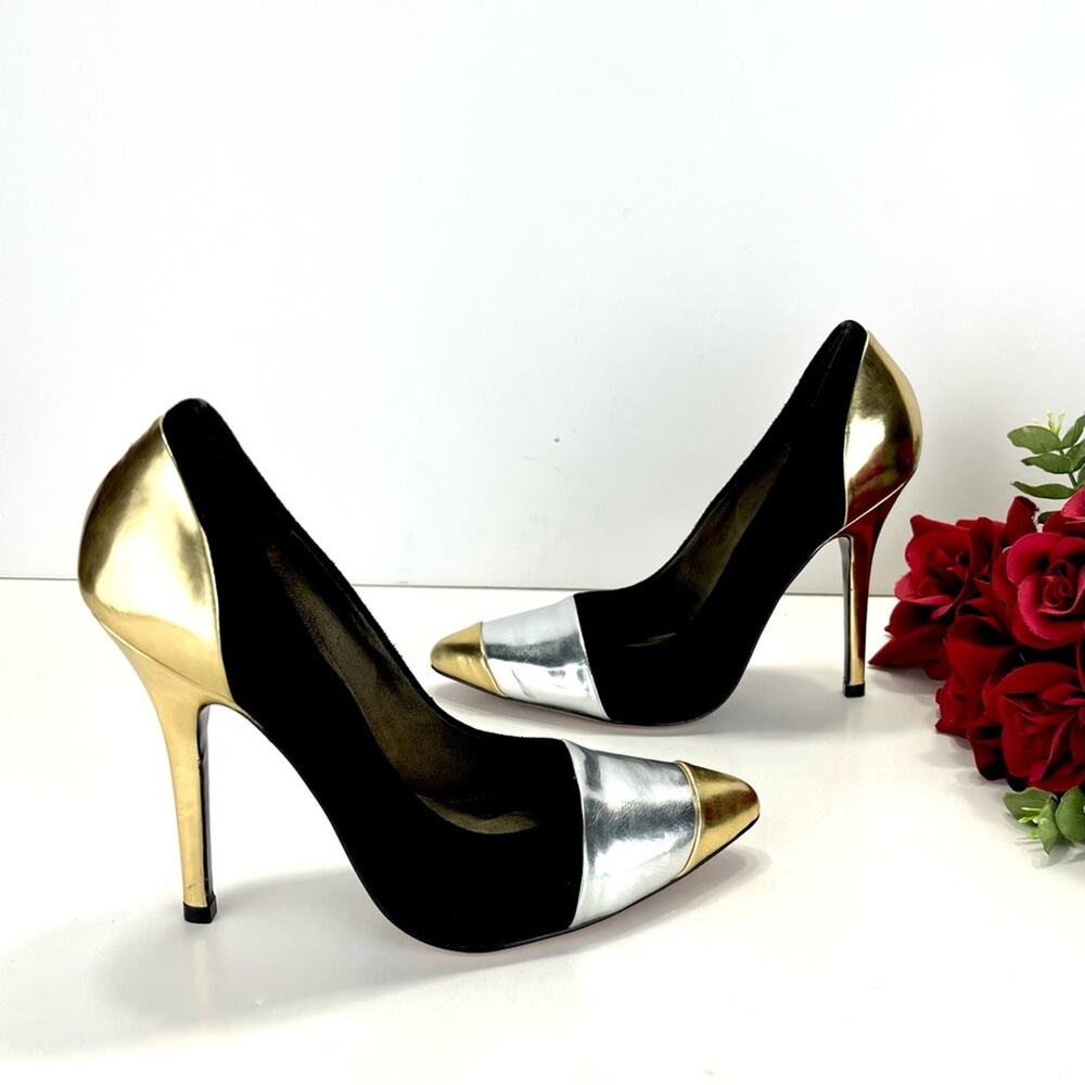 Marissa Webb Stiletto Heel Pump Sz 8 Black Suede Gold/Silver Leather Pointed-Toe